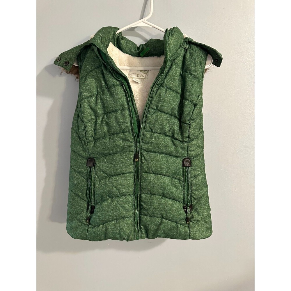 Green Tea Women's Puffer Vest Faux Fur Hood Size M